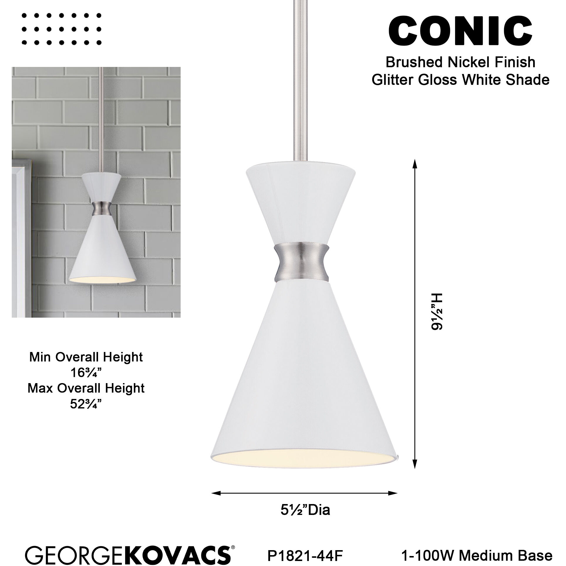 Conic 1 Light 5.5 inch Glitter Gloss White Mini Pendant Ceiling Light